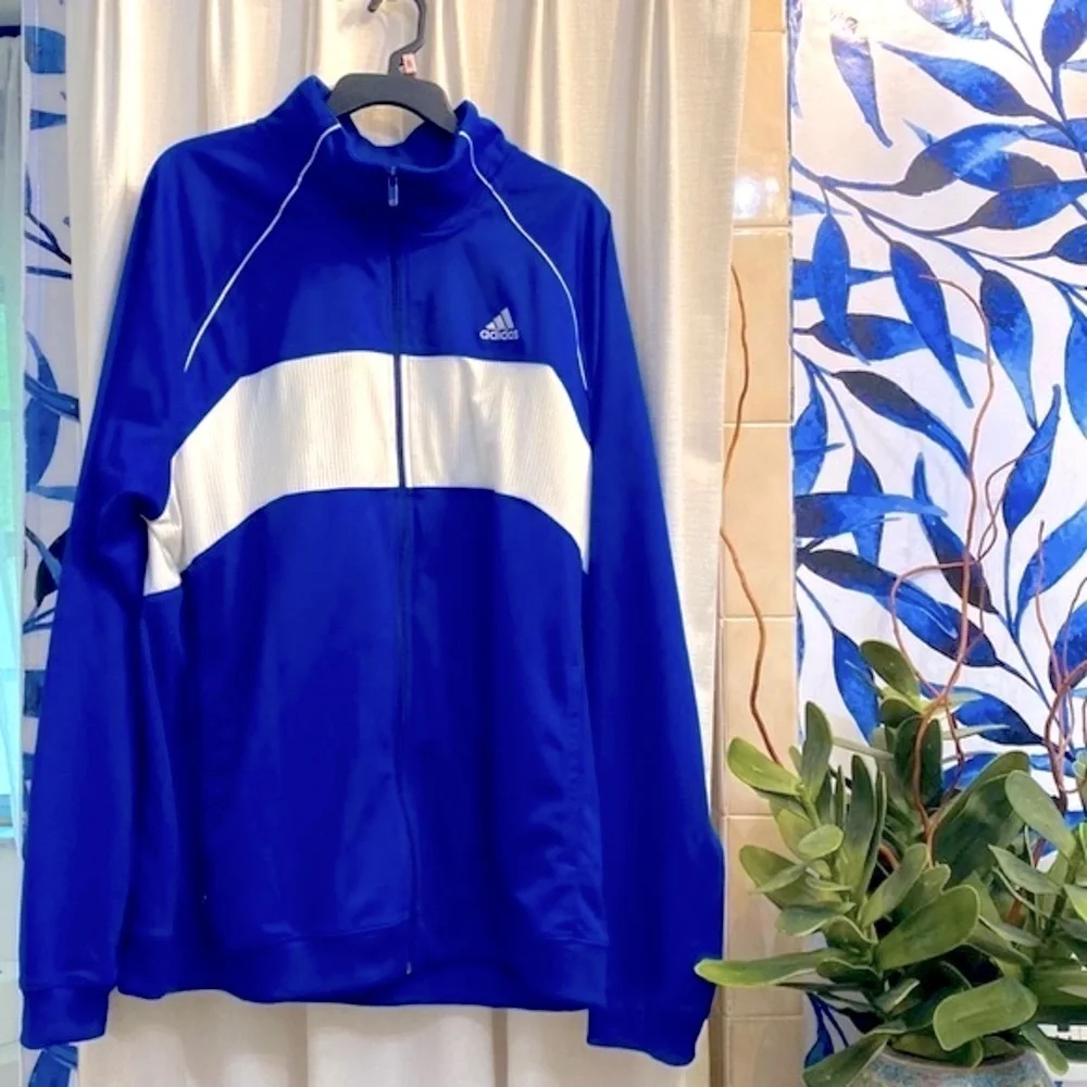 Y2k Adidas Blue & White Three Stripe Polyester Zip Up Athletic Track Jacket Sz L